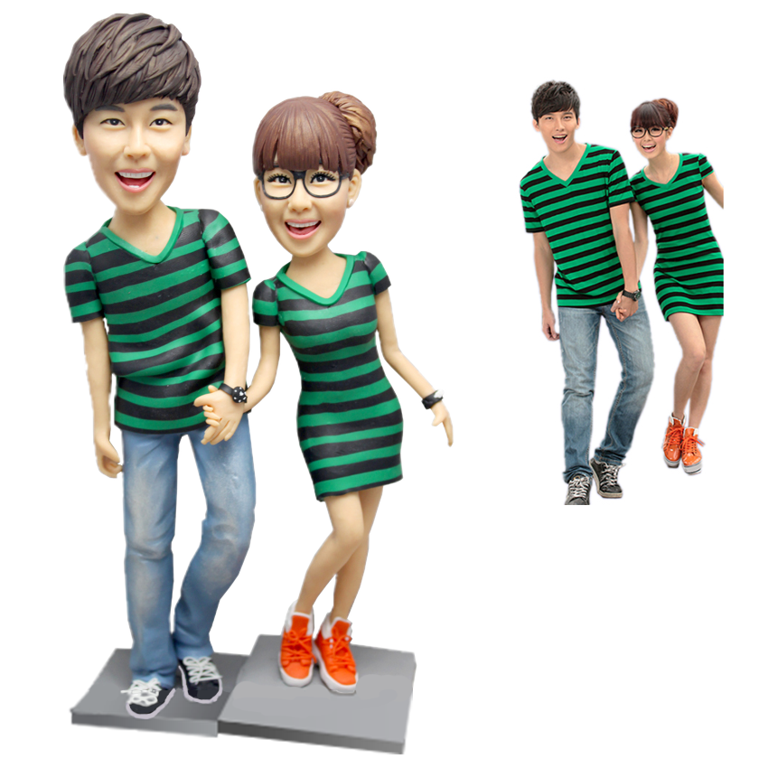 Side angle of custom couple bobblehead showing smooth clothing textures and refined shoe detail — handmade personalised bobbleheads for couples