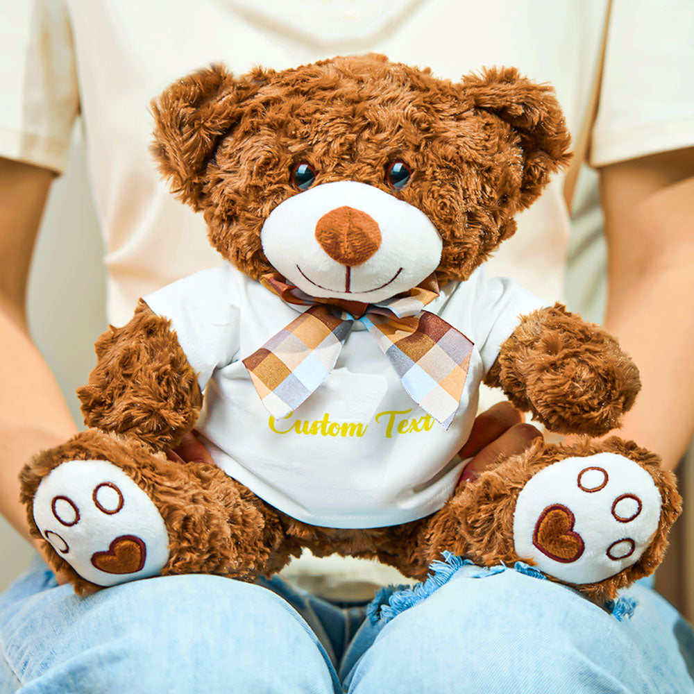 Front-facing personalised teddy showing neat embroidered name – a personalised name gift for newborns, christenings and birthdays, cosy keepsake 25 x 35 cm