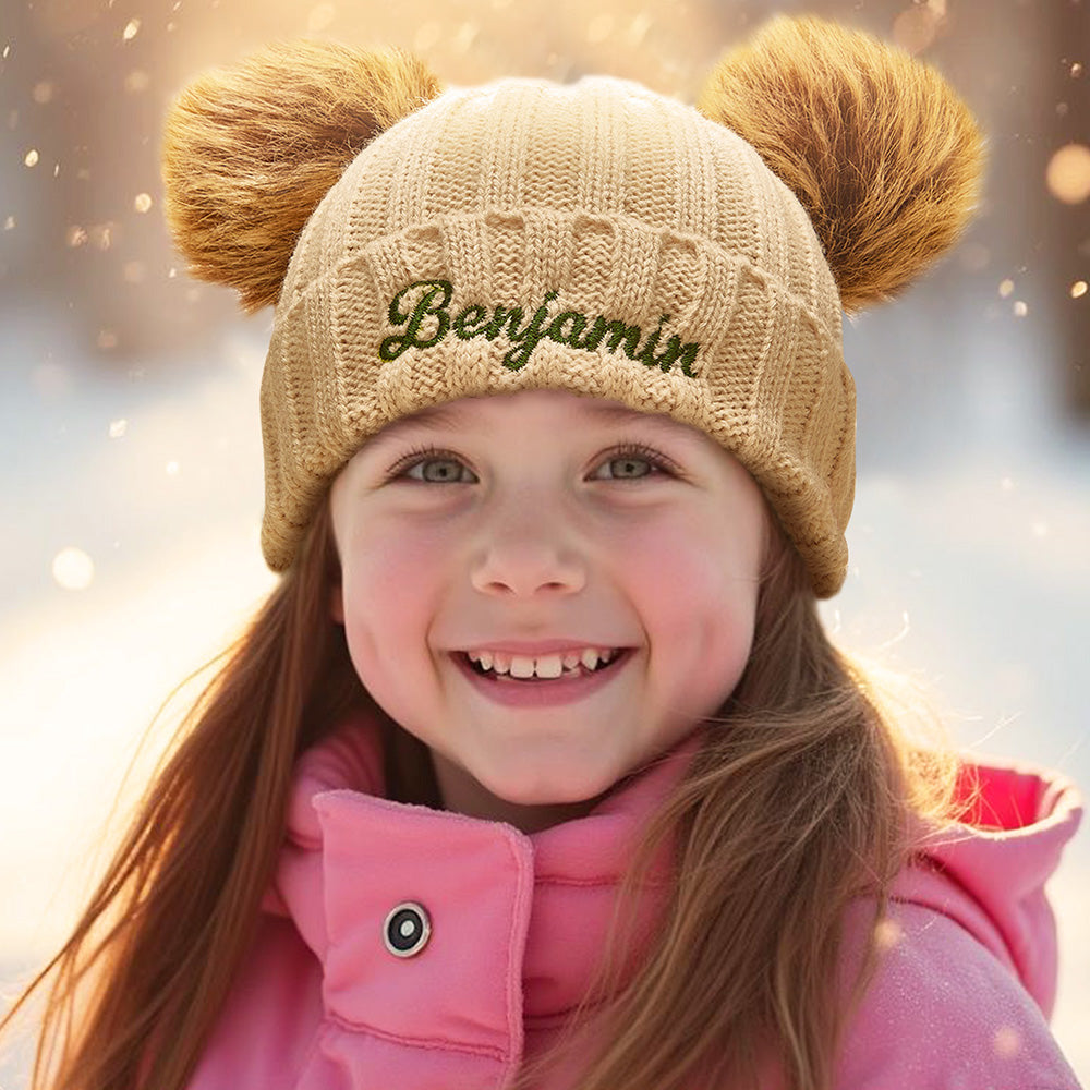 Mum and baby wearing matching personalised embroidered beanie hats — cosy parent‑child set perfect for family photos and gifts for mum and baby