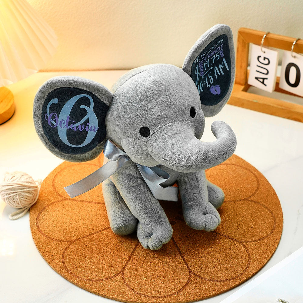 Close-up of the elephant plush head and face, showcasing soft fabric and detailed stitching.