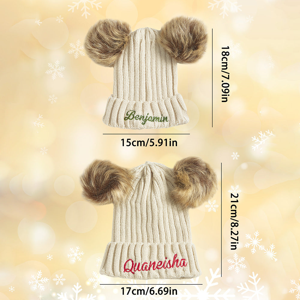 Gift‑ready boxed personalised mum and baby beanie hat set with embroidered names — ideal present for baby showers, birthdays and families
