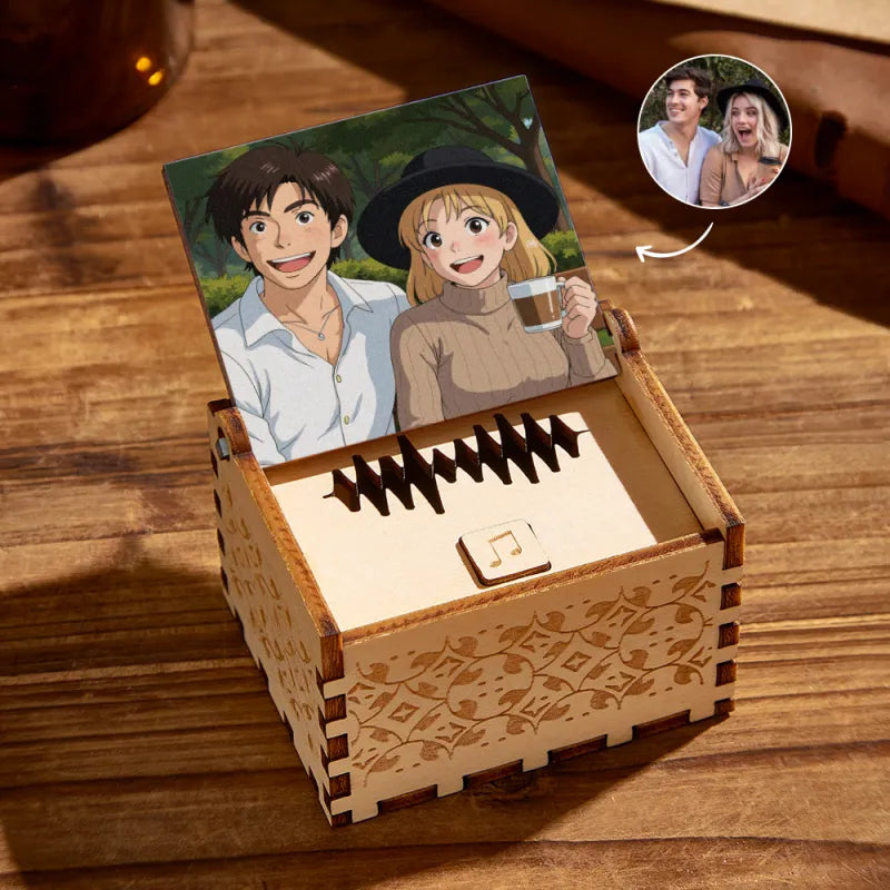 Personalised anime-style photo music box featuring a hand-drawn portrait on a polished wooden case with custom melody — ideal bespoke keepsake gift.