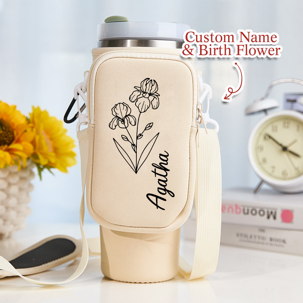 Back view highlighting neat stitching and strap adjuster on personalised neoprene bottle carrier compatible with 40oz Stanley tumbler