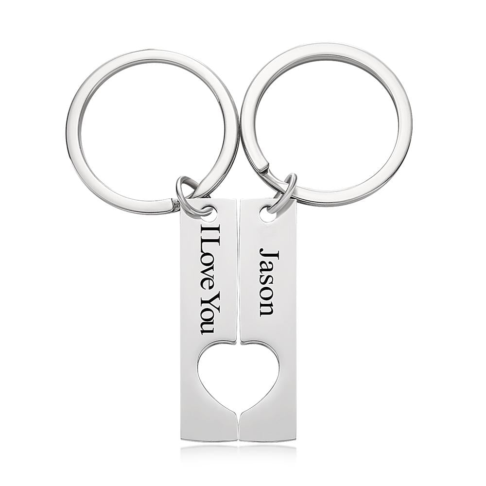 Close up of laser engraved text on stainless steel keychain showing clear, long lasting engraving and corrosion resistant polished finish