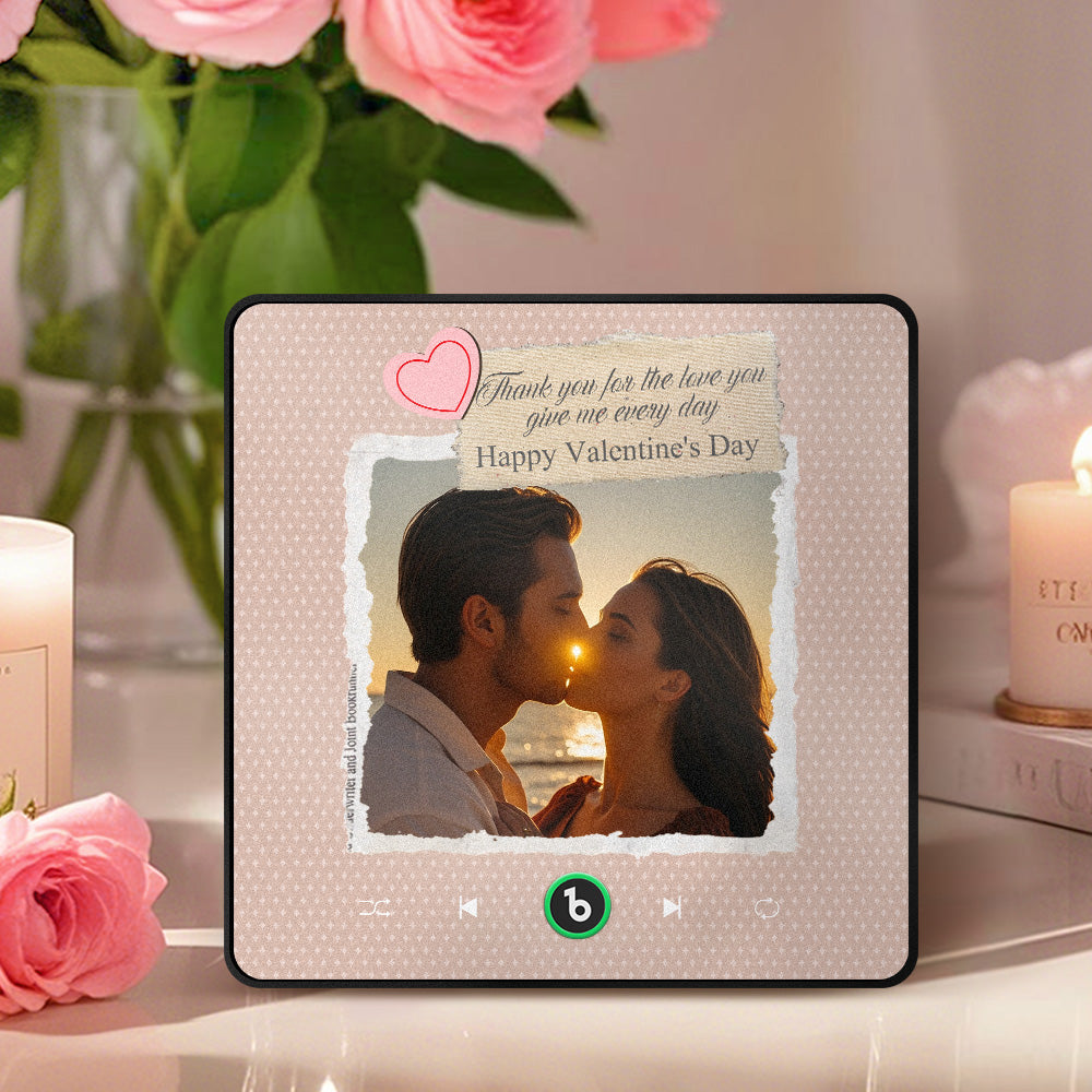 FridgeBeats magnet on fridge playing a chosen romantic song with visible play button and personalised photo, ideal Valentine’s Day or anniversary gift
