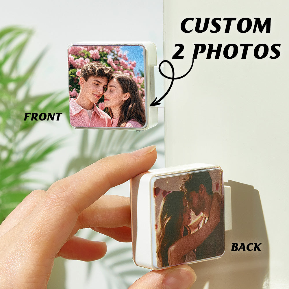 Round illuminated personalised fridge magnet close-up displaying a clear printed photo — custom photo magnet with LED