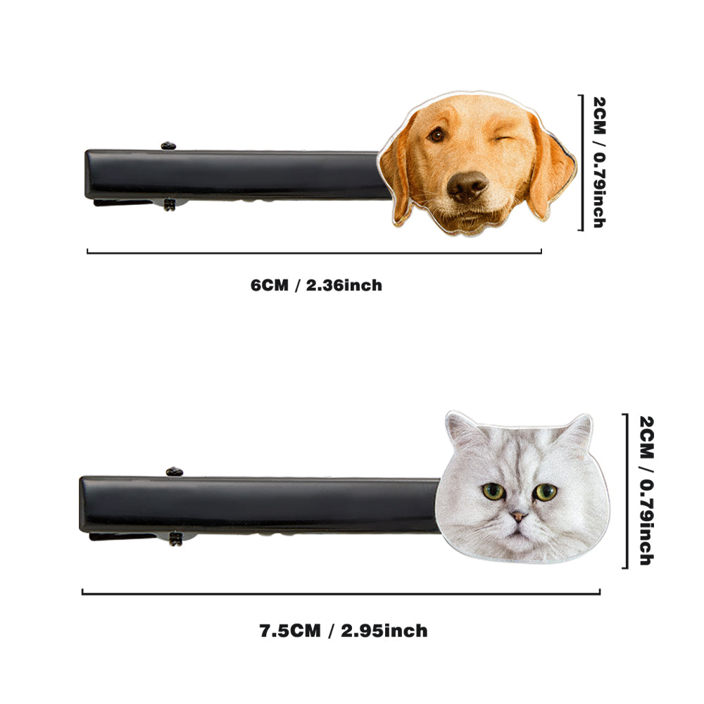 Size comparison of personalised pet portrait hair clips — small 6cm and large 7.5cm acrylic custom pet accessories
