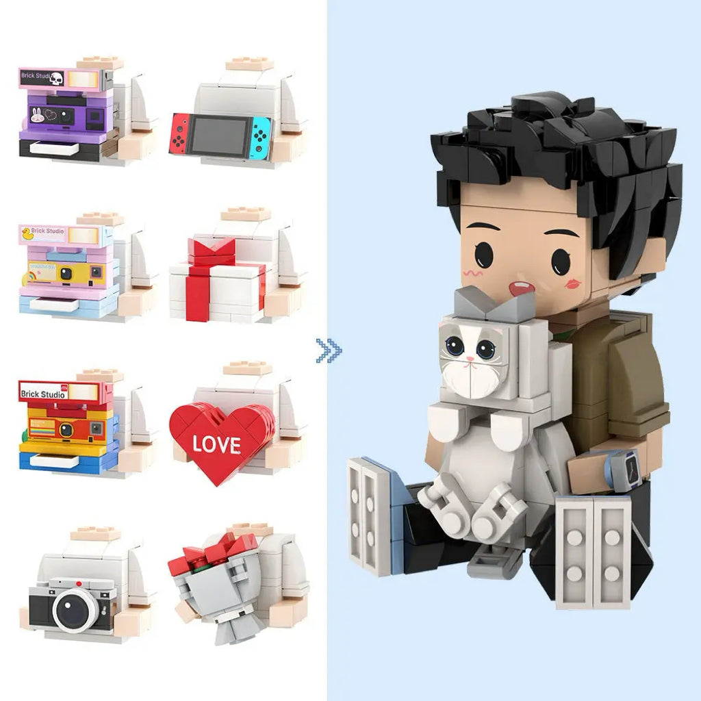 Three-quarter view of a custom mini brick figure showing personalised hairstyle and clothing — small particle block toy gift