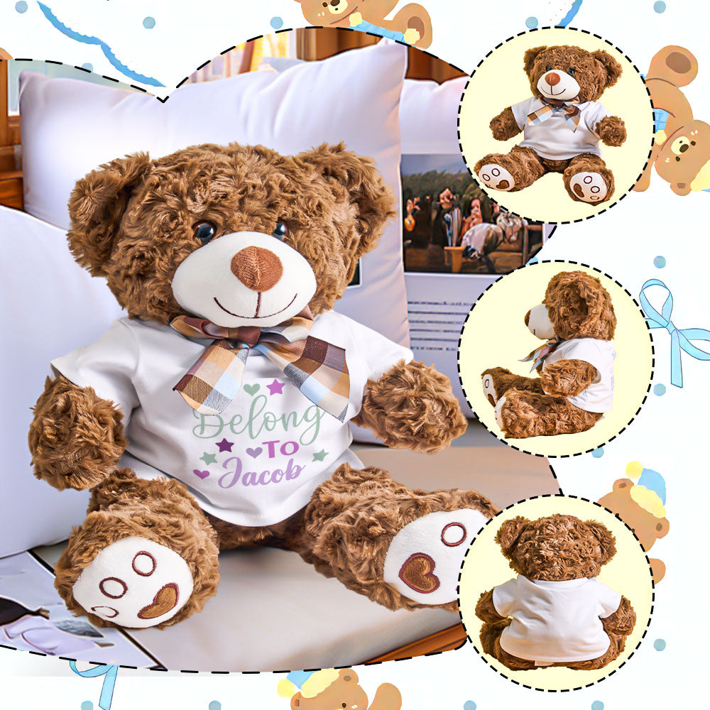 Personalised bear plush held to show scale – 25 x 35 cm huggable toy, personalised name keepsake for newborns and nursery decor