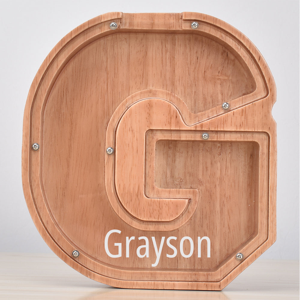 Personalised Oak Wooden Letter Money Box with Engraved Name | Handcrafted Piggy Bank