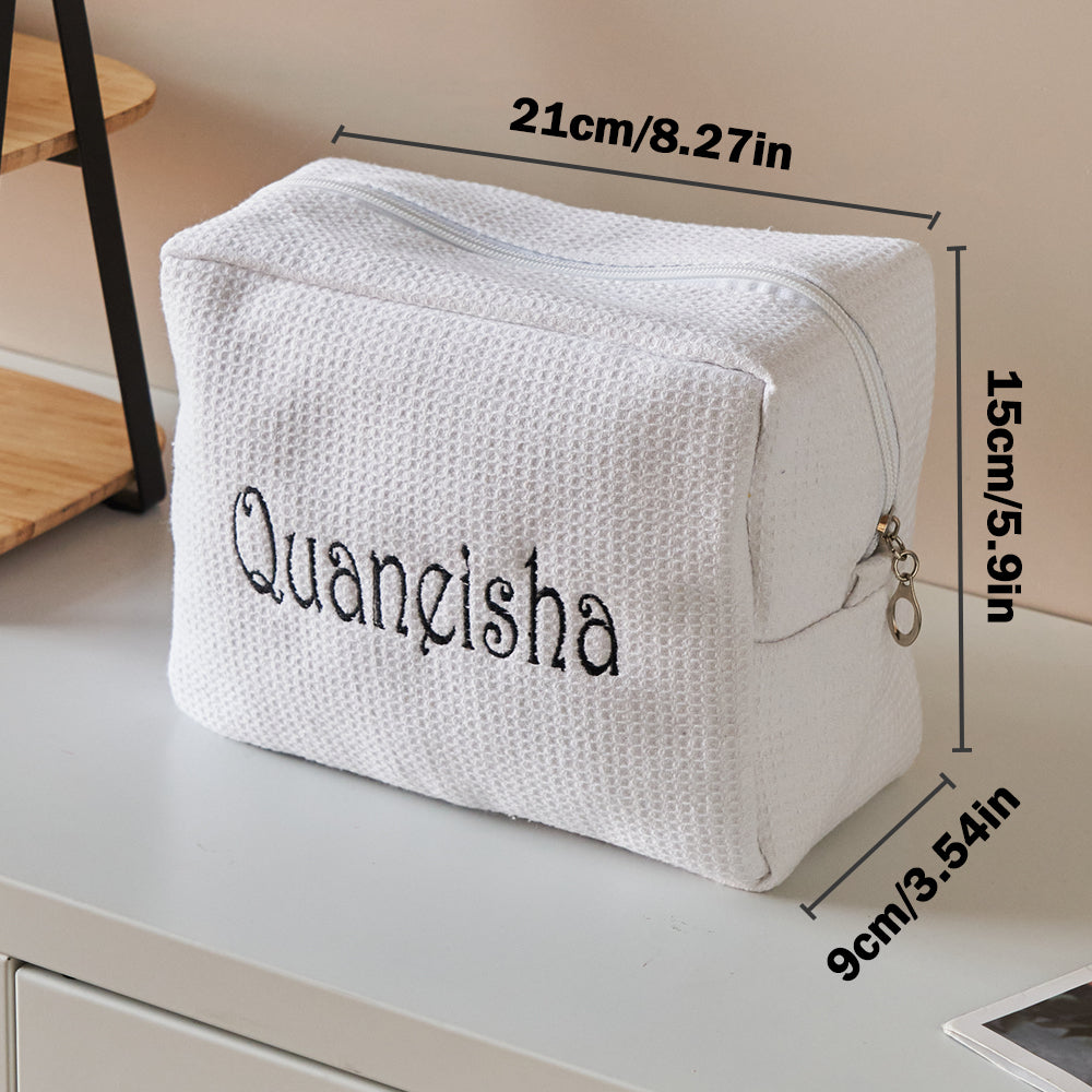 Durable zip closure and textured waffle fabric detail on personalised make-up organiser, stylish gift for her