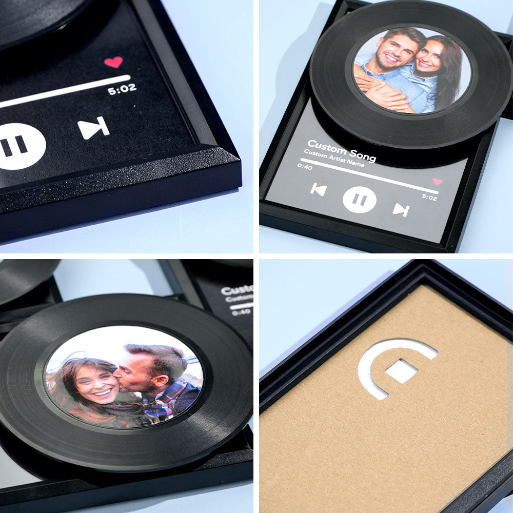 Unboxed personalised music photo gift showing printed couple image on vinyl record — fade-resistant print and NFC-enabled for emotional home décor