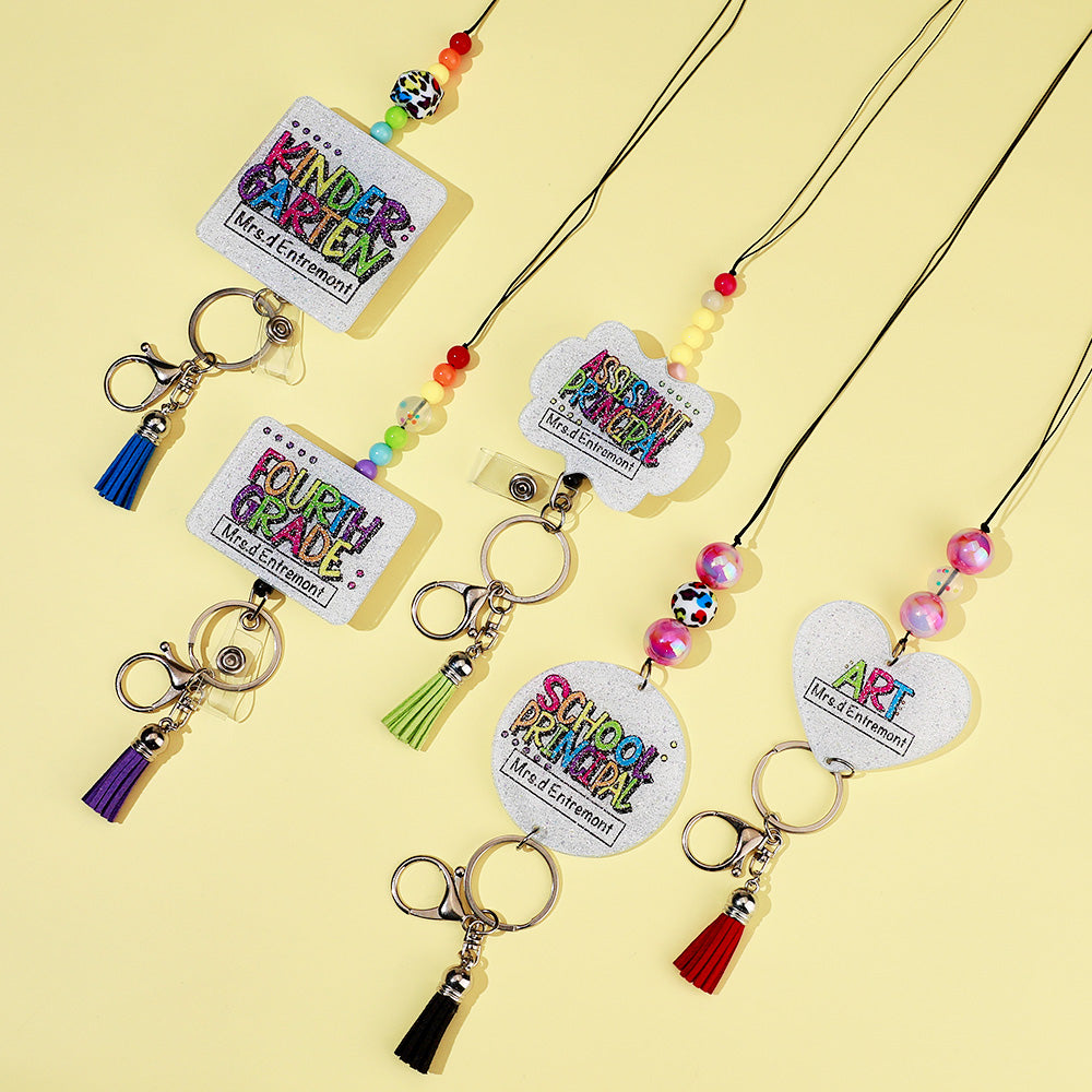 Model wearing personalised glitter lanyard with ID badge — ideal personalised teacher and graduation gift