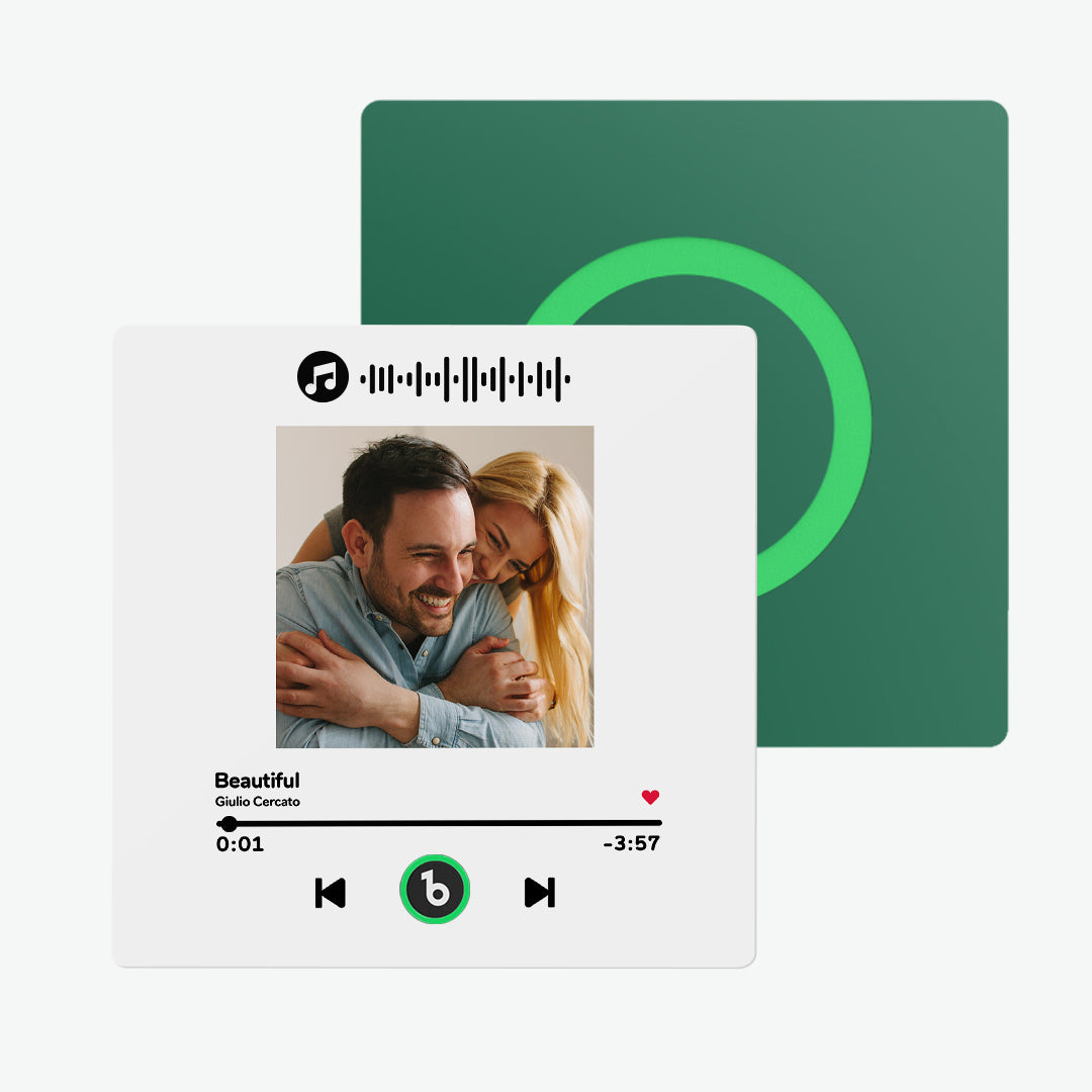 Collection of FridgeBeats personalised music magnets displaying different photos and designs — frameless acrylic custom photo magnets and playable album gifts