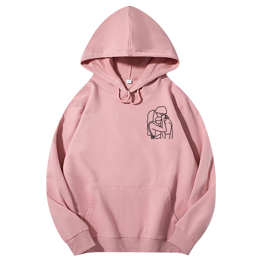 Model wearing personalised embroidered hoodie with hood up and adjustable drawcord, 97% cotton 3% spandex for comfortable stretch