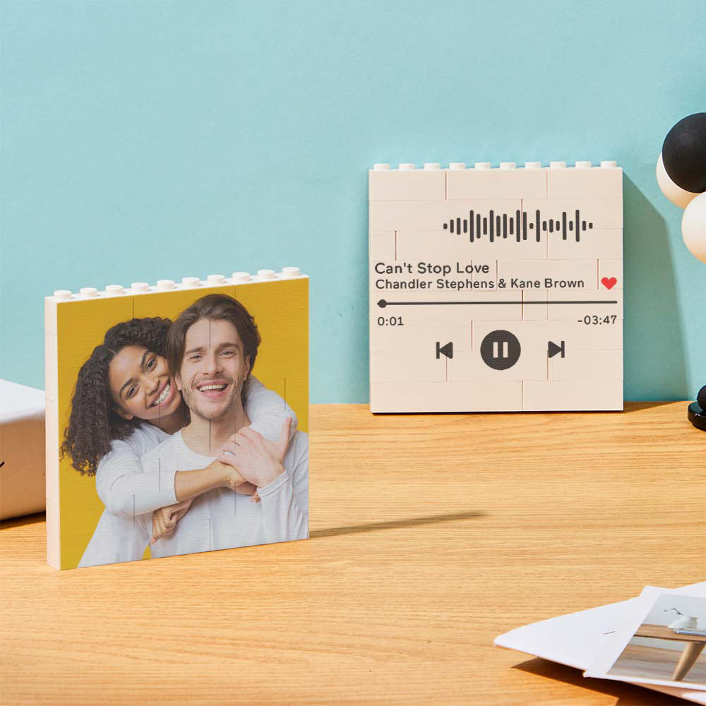 Personalised square block puzzle with interlocking brick tiles, waterproof PVC, keepsake gift
