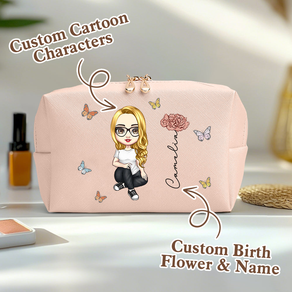 Selection of customised birth flower cosmetic bags displaying different month flowers — unique personalised birthday and bridesmaid gifts