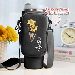 Personalised Birth Flower Waterproof Bottle Bag for 40oz Stanley Tumbler with Removable Pouch - Unique Gift for Women