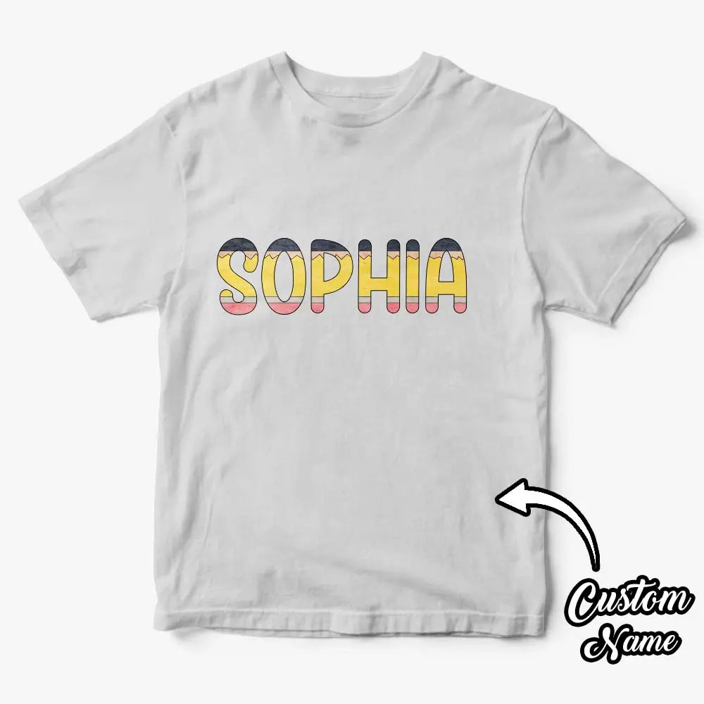 Artboard showing design options for personalised name T‑shirt — customise text or upload artwork