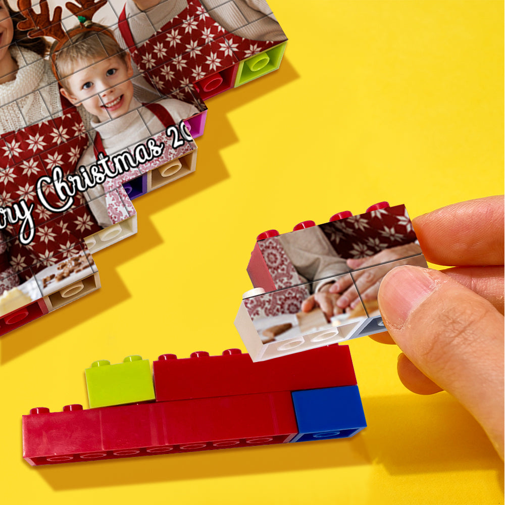 Assembled set of personalised photo building bricks forming a rebuildable memorial display with family photos — interactive personalised photo building bricks for custom memorial gifts