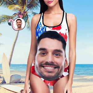Custom Swimwear Boyfriend Face One Piece Bathing Suit Husband Face American Flag Swimsuit