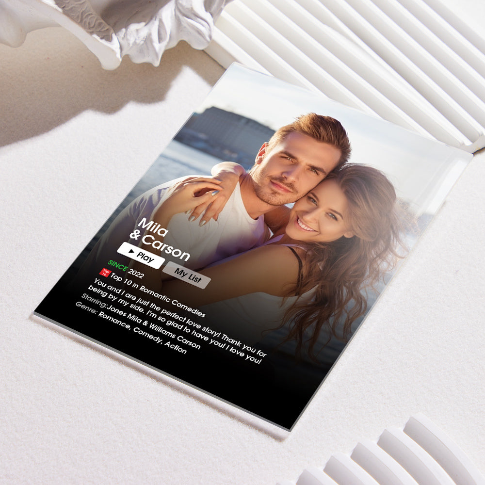 Personalised Movie Poster Acrylic Plaque with custom couple photo and engraved name — personalised acrylic photo & text keepsake, 120mm x 160mm