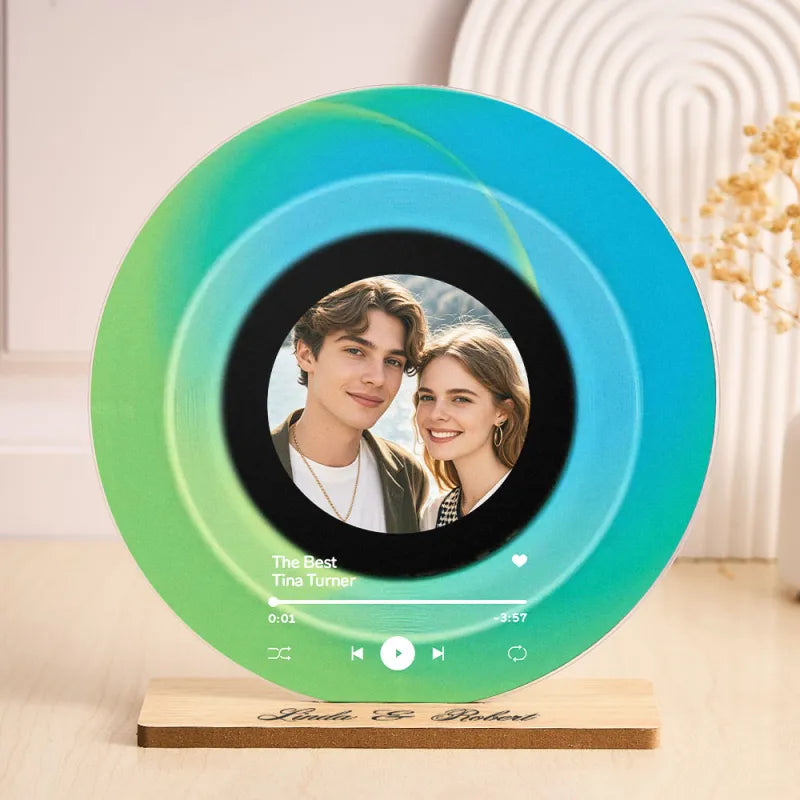 Personalised vinyl record plaque mounted on wall in gallery style – unique photo and song keepsake for home or office décor