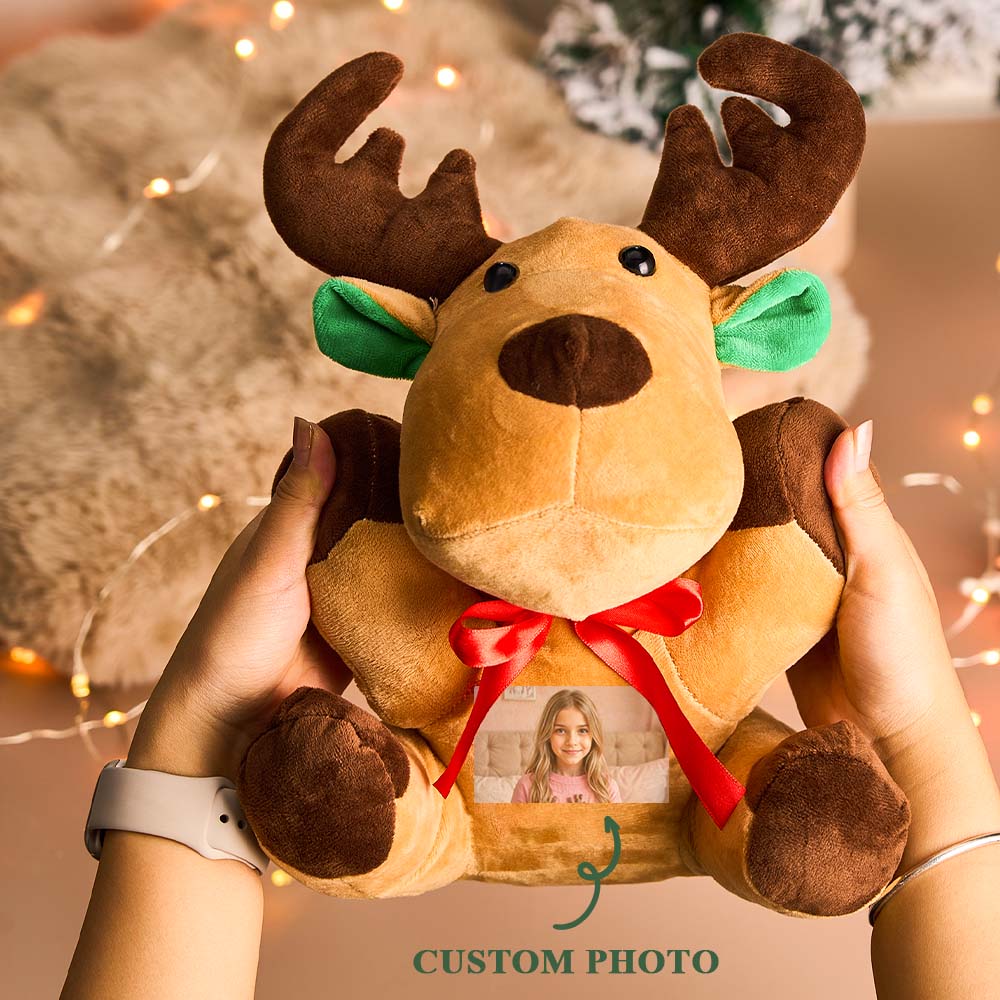 Front view of personalised moose plush showing a clear photo print and embroidered facial details — ideal personalised photo gift for children