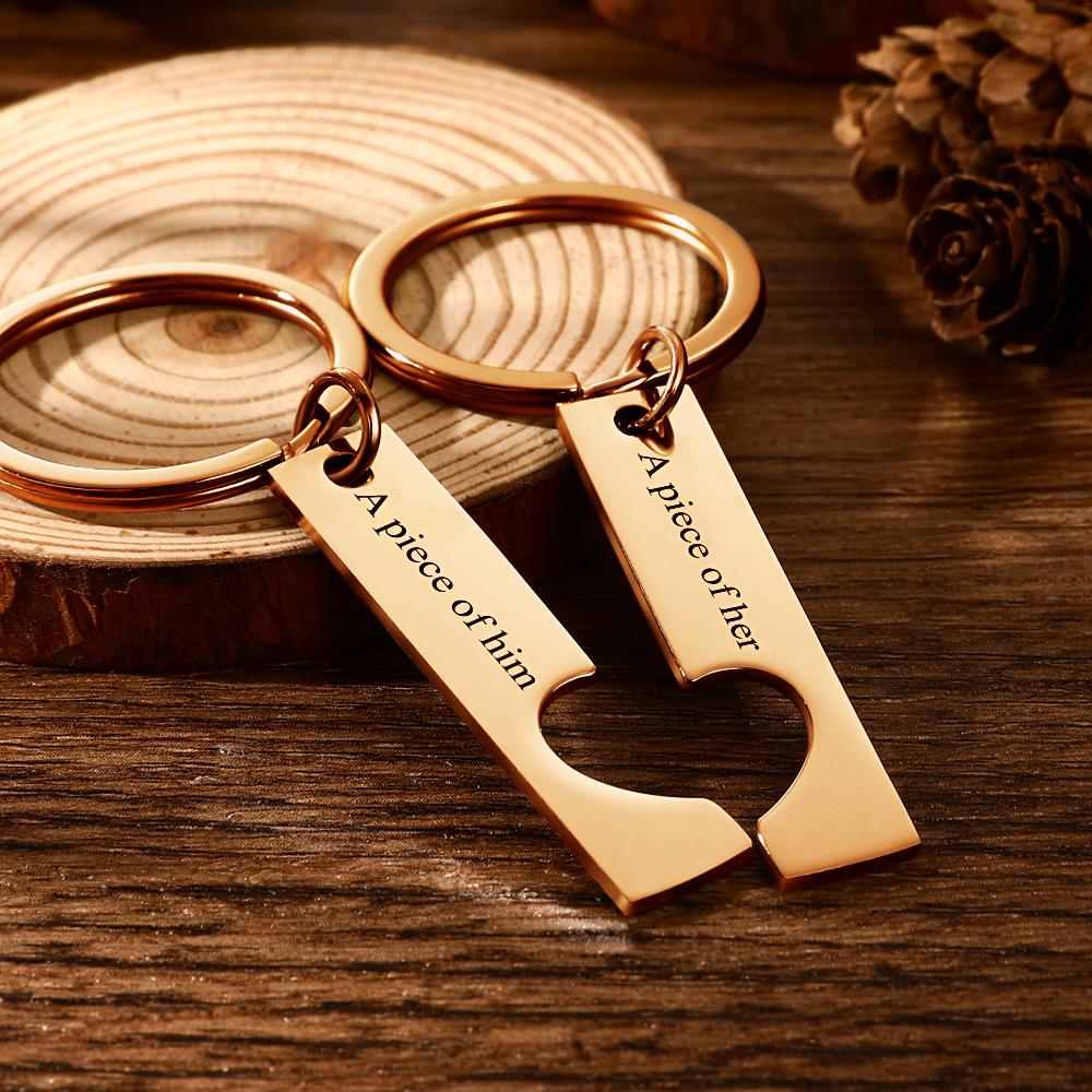 Personalised stainless steel couples keychains in gold and rose gold – matching custom engraved keyrings ideal as a personalised gift for him and her