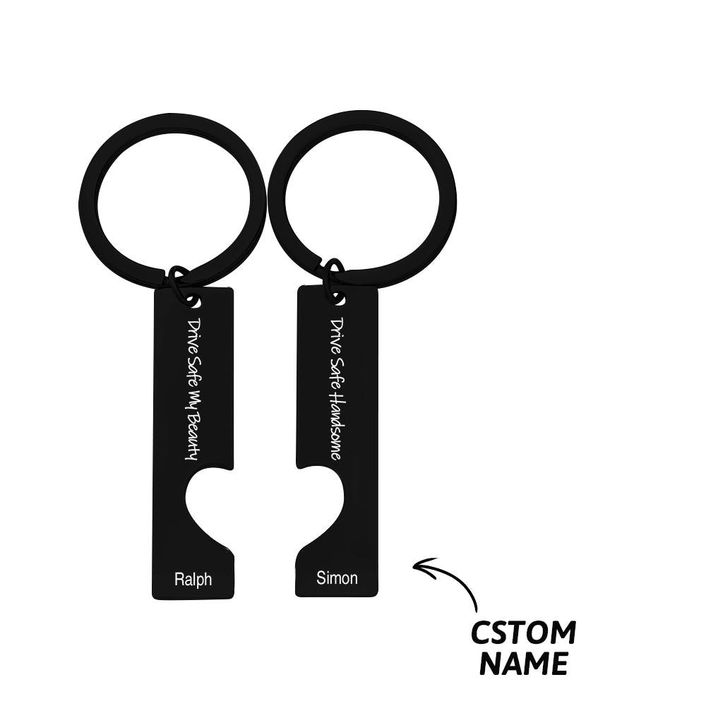 Personalised couple keyring attached to a car key showing 'Drive Safe' engraving – ideal gift for partners