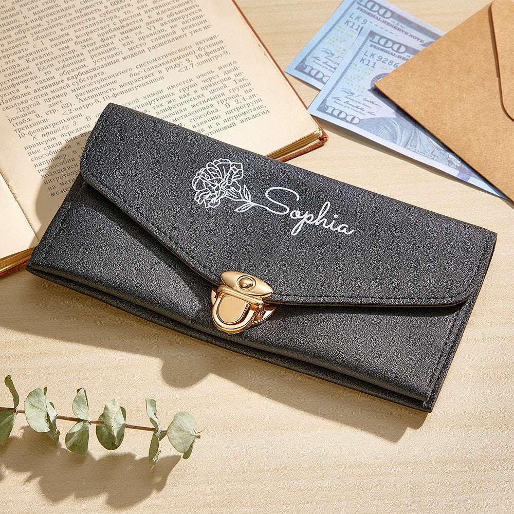 Personalised wallet presented with fresh flowers and gift tag – a heartfelt birthday or Mother's Day present