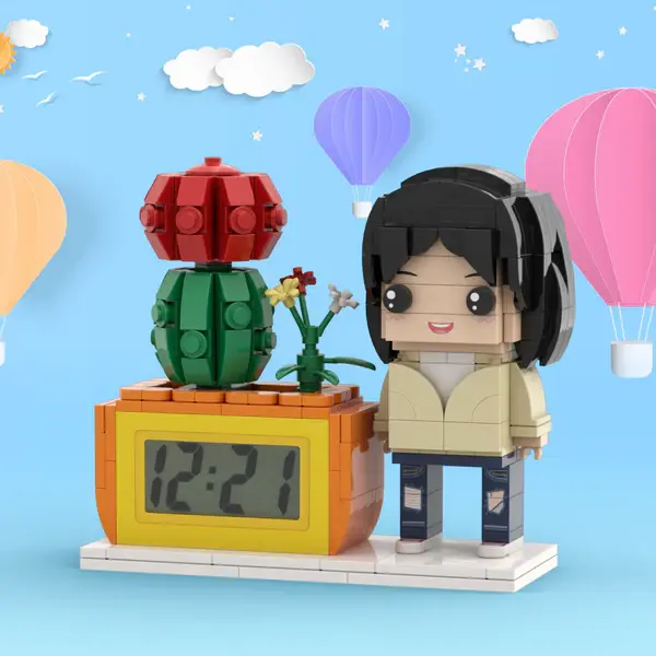 Personalised Brick Figures Clock & Potted Plant Set - Unique Custom Gift for Her