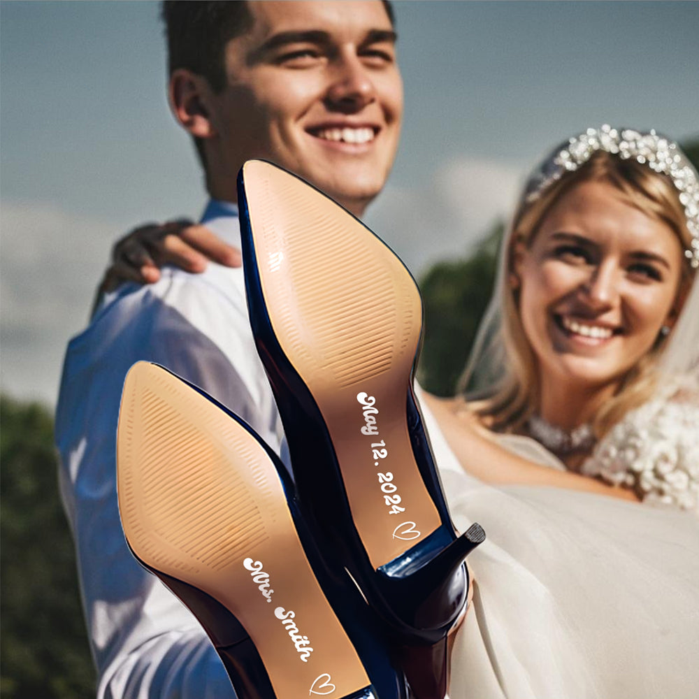 Personalised Heart Wedding Shoe Stickers - Custom Name & Date Transparent Sole Decals