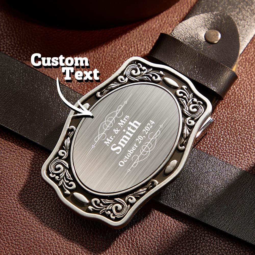 Personalised Western cowboy name belt buckle — front view showing engraved name, zinc alloy finish, 9cm x 6.6cm; groom wedding gift