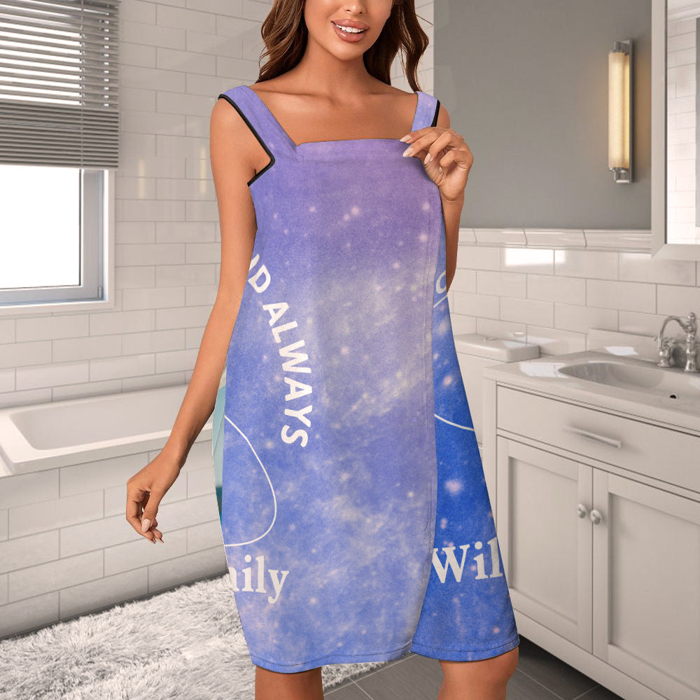 Folded personalised wearable towel showing vibrant custom starry sky print and heat-transfer colours, premium anti-pilling flannel spa bathrobe
