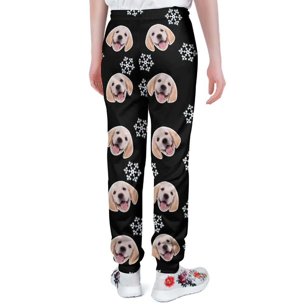 Flat lay of Personalised Dog Face Christmas Sweatpants — custom pet‑face artwork styled as a unique anniversary or Valentine’s Day gift