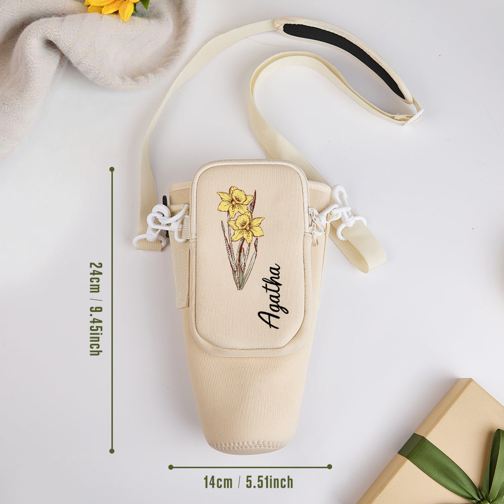Removable pouch detached from personalised bottle bag to reveal organised storage for essentials, ideal practical gift for women
