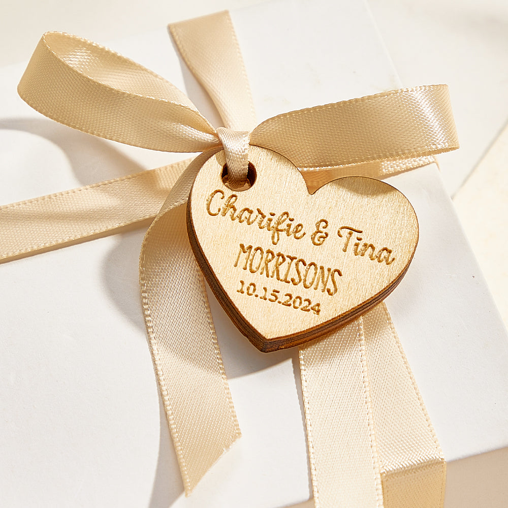 Personalised Wooden Heart Gift Tags - Engraved Wedding Favours for Guests