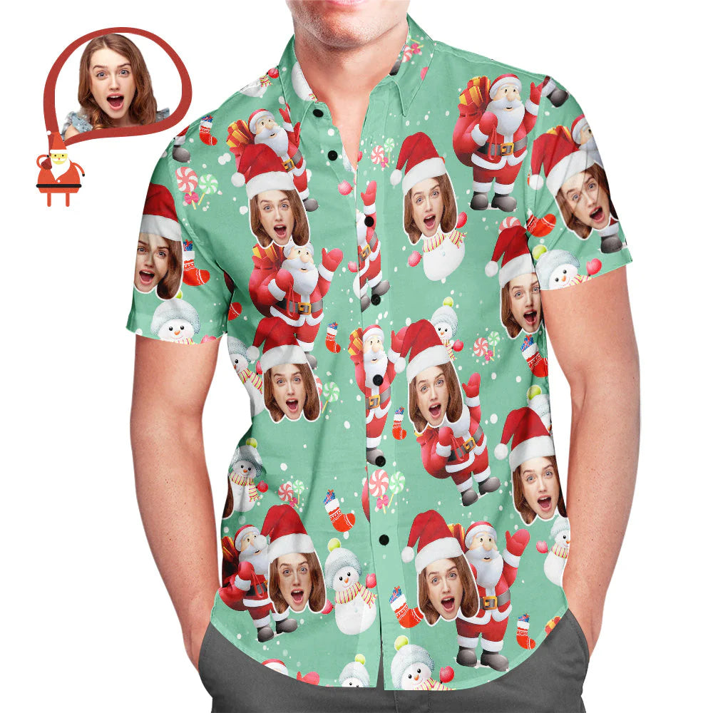 Close-up of custom face snowman print on lightweight 4-way stretch fabric — personalised men's Hawaiian shirt detail