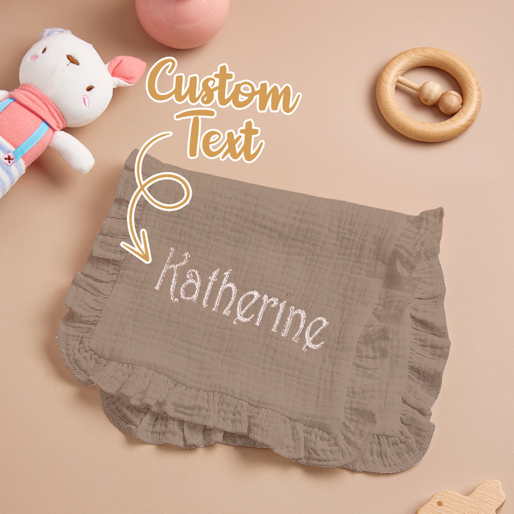 Close-up of embroidered name detail on a baby towel for newborns.