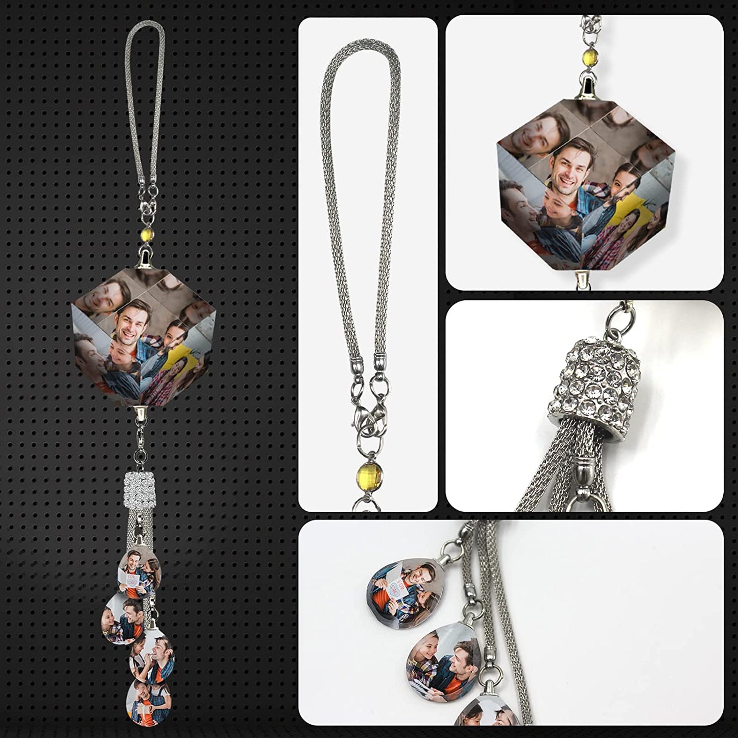 Detail shot focusing on the alloy fittings and the edge of the teardrop acrylic pendant.