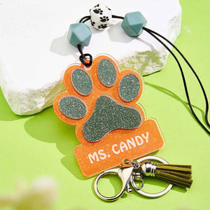 Personalized Glitter Paw ID Badge Lanyard with Text Beads Tassels Badge Lanyard Gift for Teacher Pet Lover
