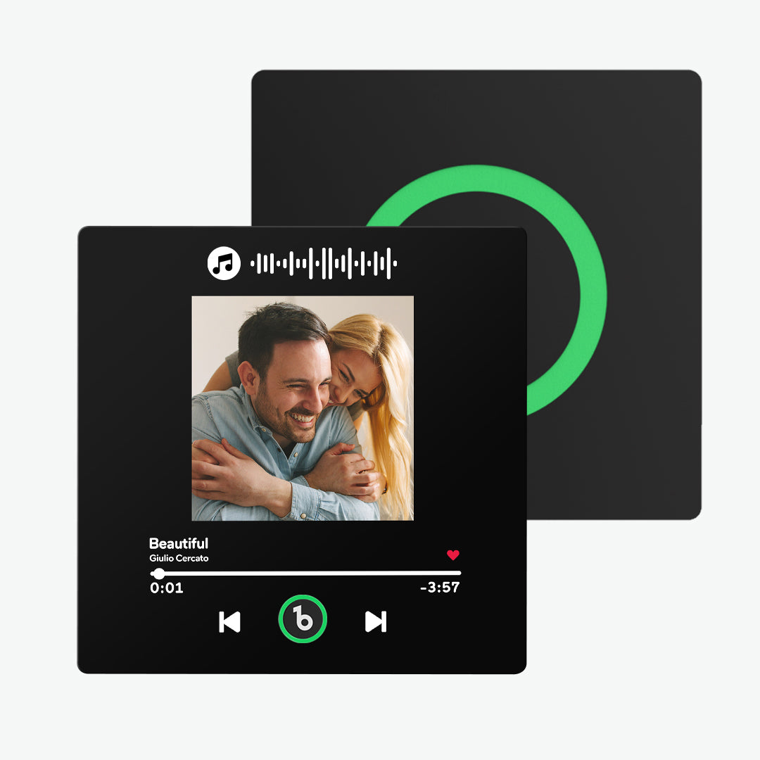 Close-up of FridgeBeats frameless personalised magnet showing glossy acrylic print and built-in speaker — rechargeable playable album magnet, waterproof and durable