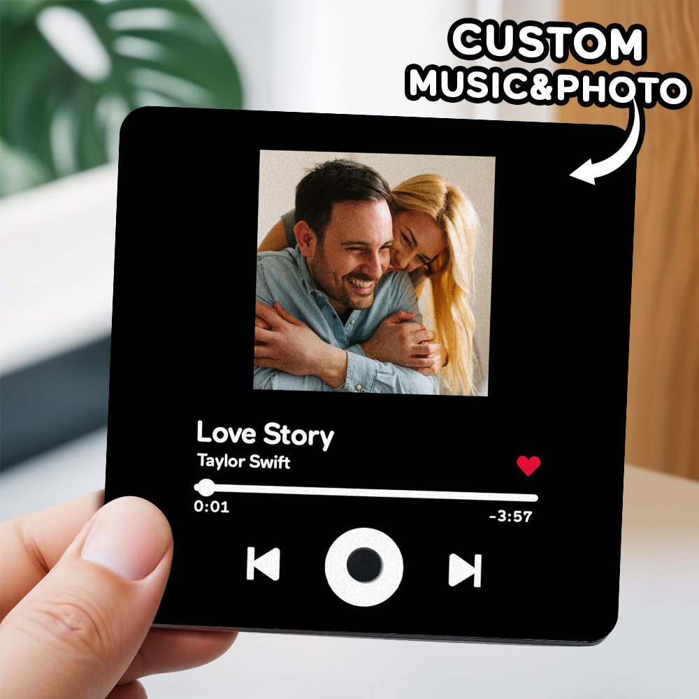 Personalised music fridge magnet — square acrylic custom photo magnet that plays a chosen song when the fridge door opens, USB Type‑C rechargeable