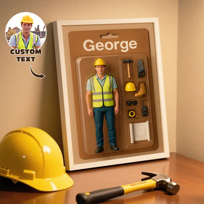 Display box and illustrated packaging shown from a different angle with the customised figure inside.