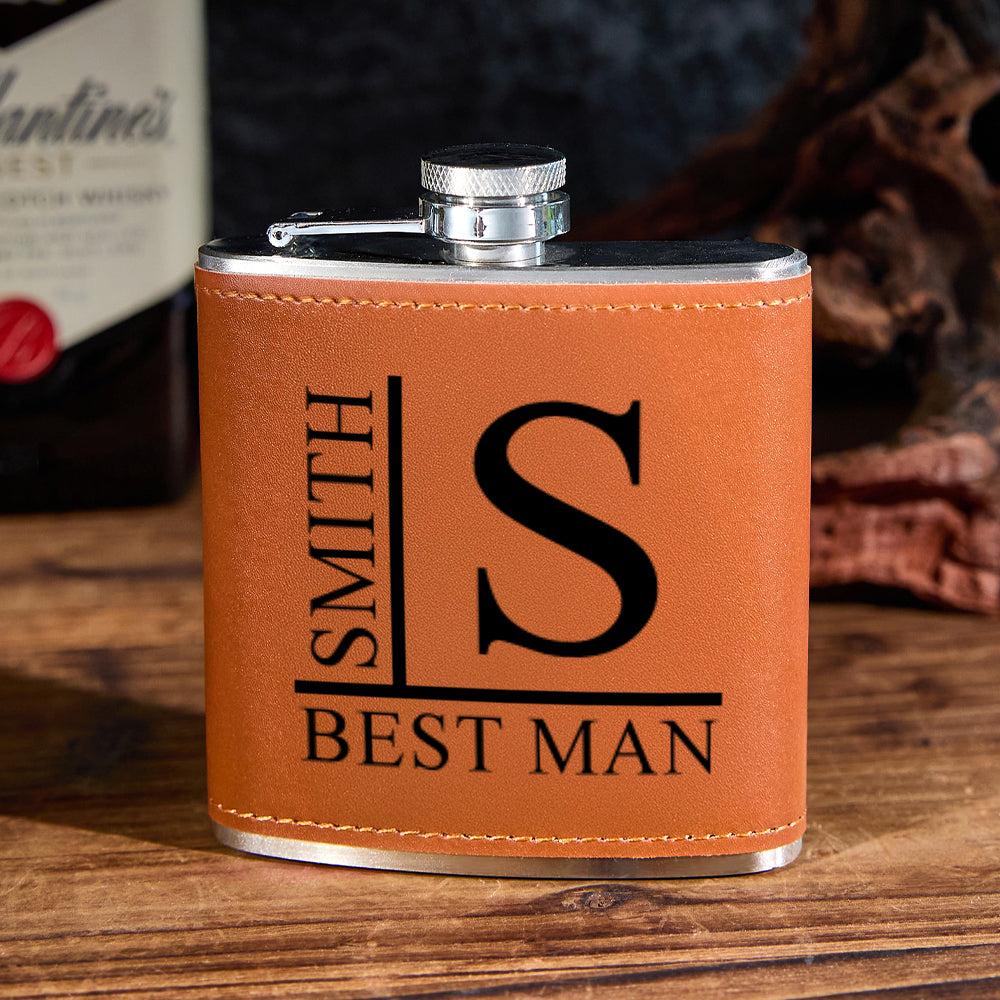 Pouring demonstration of stainless steel 6oz whisky flask showing leak-proof spout and secure seal - personalised leather hip flask for men