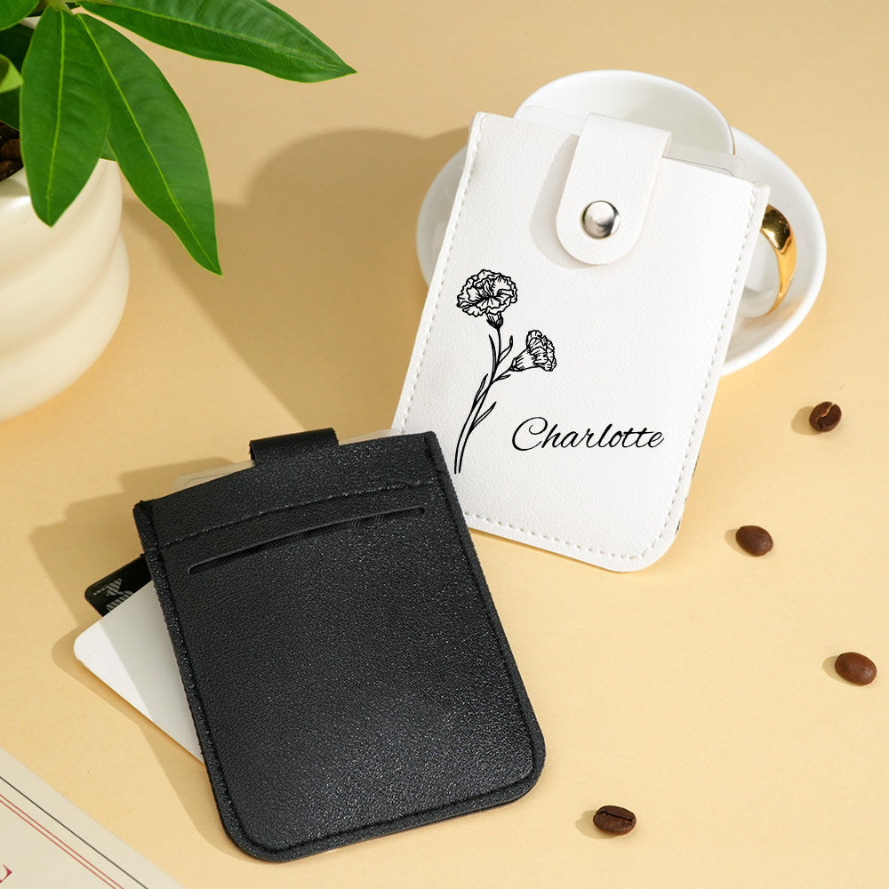 Personalised birth flower mini card wallet with name in PU leather, floral print and pull-out card holder — gift for her