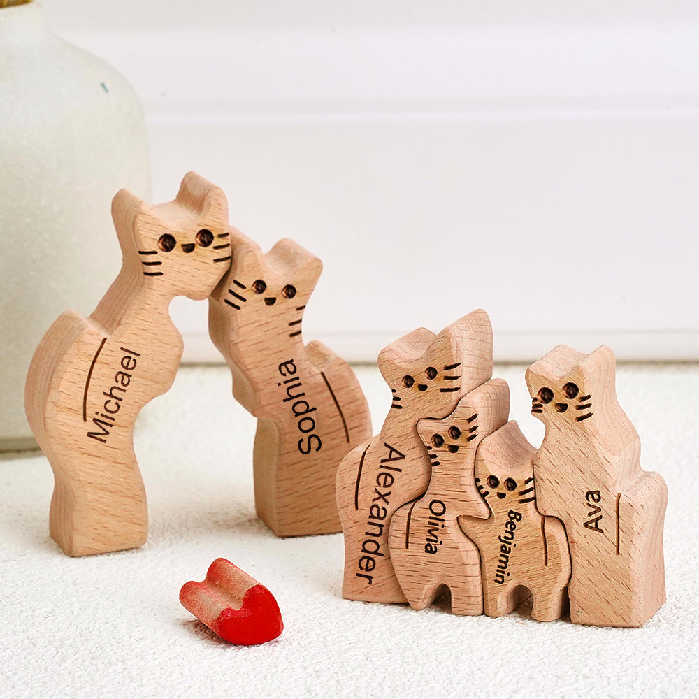 Unassembled pieces of the Whiskered Wonder wooden cat puzzle spread out for an engaging family or classroom activity