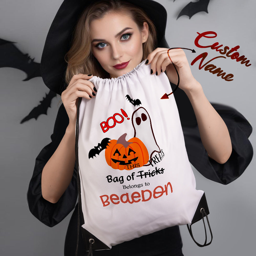 Assortment of personalised Halloween drawstring bags showing different name customisations – perfect Halloween gifts and party favours