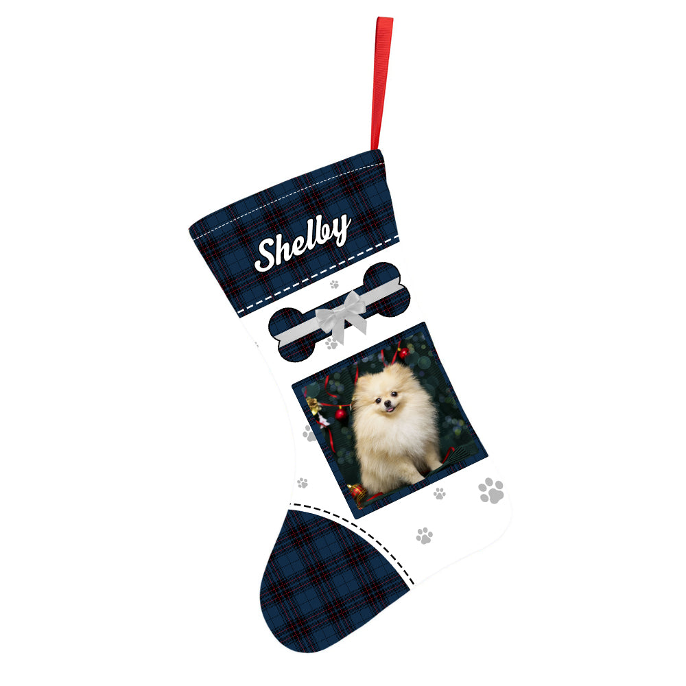Velvet personalised pet stocking shown with gift card and chocolate to illustrate capacity and use as a Christmas gift for pet lovers